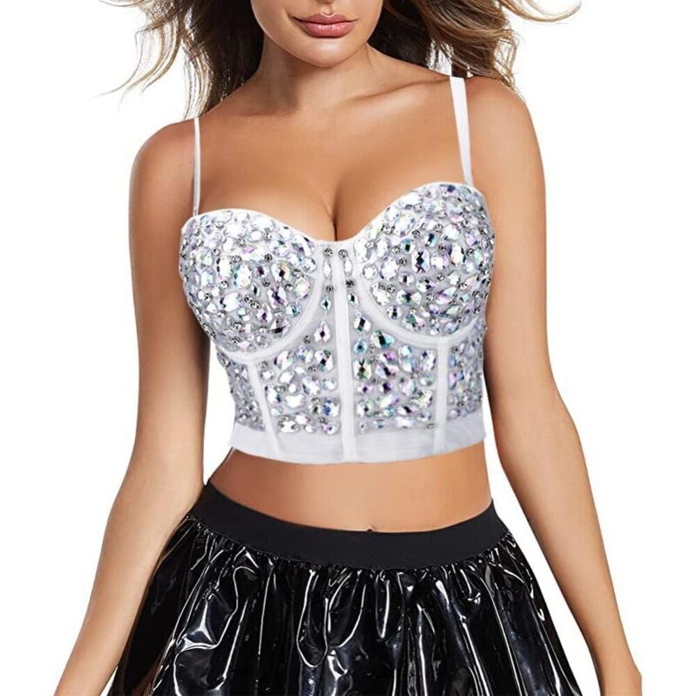 3227 Bustier Crop Top Mesh Corset Top Push up Rhinestone Diamond Bra Club
